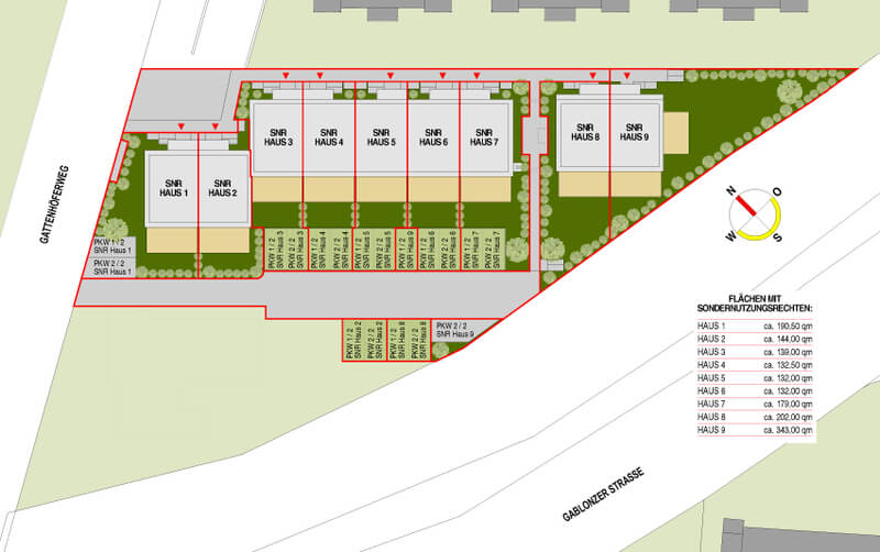 2D-Zeichnung Häuser und Grünflächen - Bauplanung
